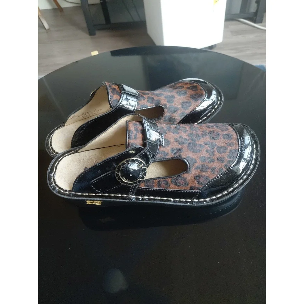 Alegria Leopard Calf Hair Patent Leather Mary Jane Clog Mules Size 37 (US 7-7.5)